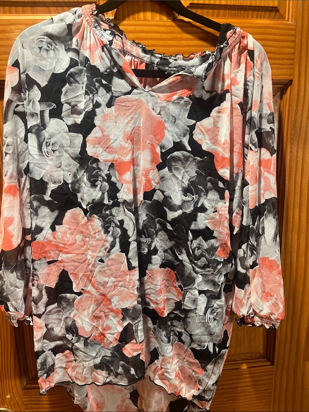 Alfani Coral and Black Floral Long-Sleeve Blouse